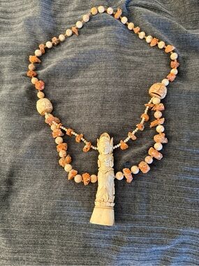 Vintage Balinese carved bone  by goddess pendant necklace orange sponge coral